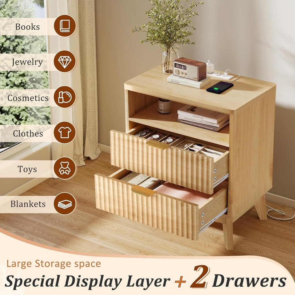 Fluted Charging Nightstand with USB Ports