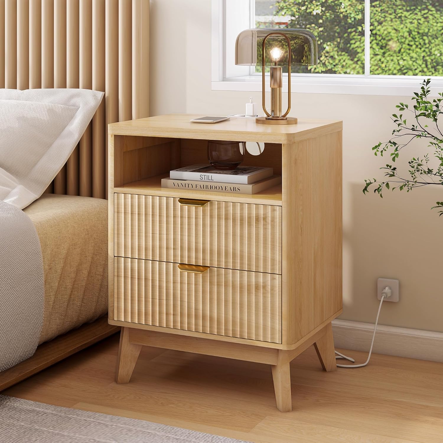 Fluted Charging Nightstand with USB Ports